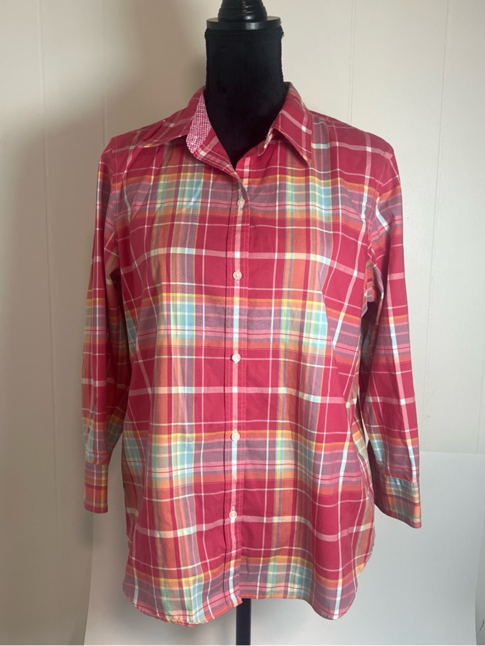 Chaps Size LRed Pink Plaid Button-Down Shirt